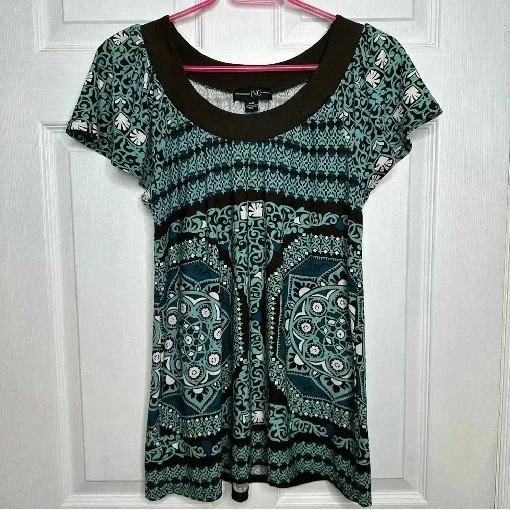 Inc International Concepts Short Sleeved Blouse Ruffled Sleeves Brown/Blue Med